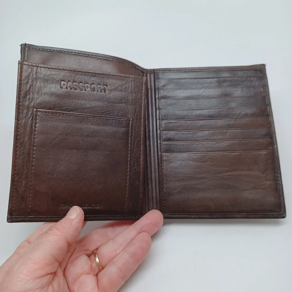 Dark Brown Top Grain Leather Passport Wallet Bifold Travel Organizer Case